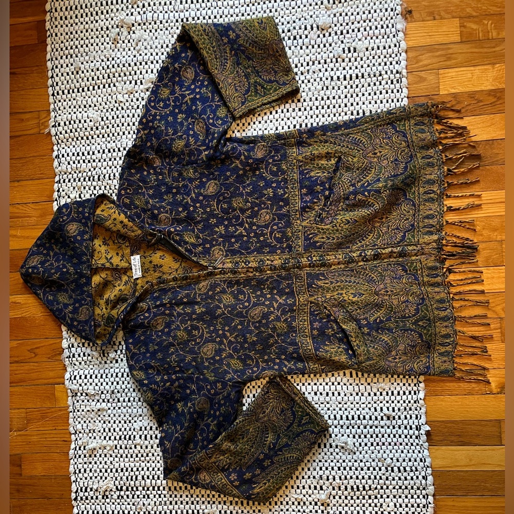 Tree of Life Blue Gold Pashmina Fringe Zip-Up Hoodie Jacket - Picture 2 of 9